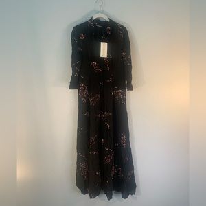 ZARA Black Maxi Button Up Dress Cherry Blossom Print & 3/4 Sleeves & Pockets 🖤